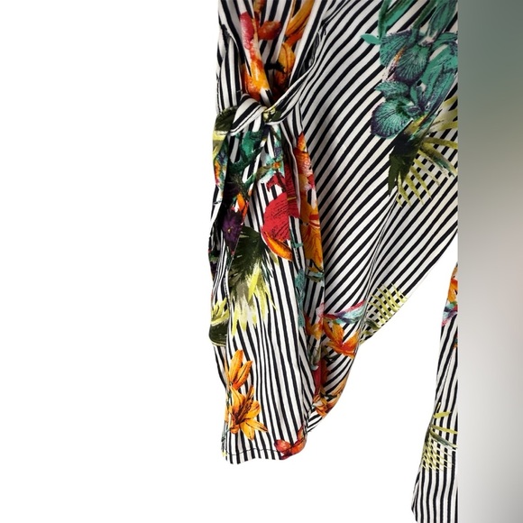 Chicos floral striped button up tunic tropical birds tie sleeve blouse L - Picture 3 of 10